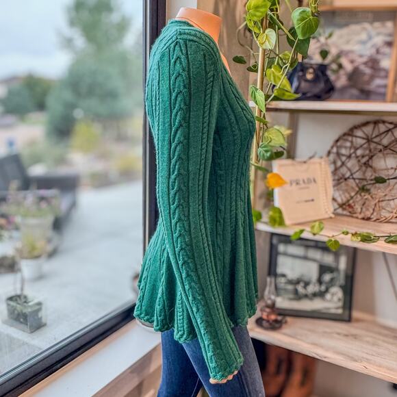 Antonio Melani Green V-Neck Cable Knit Peplum Sweater Flared Waist Womens Medium - Picture 3 of 8